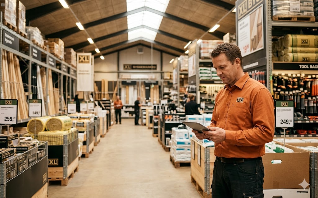 XL Byg byggemarked med høje reoler og lange skranker