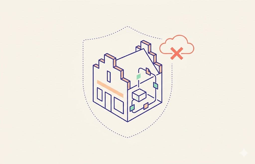 Illustration af lokal databehandling: kameraer og edge-hardware i butikken, hvor kun aggregerede tal sendes videre