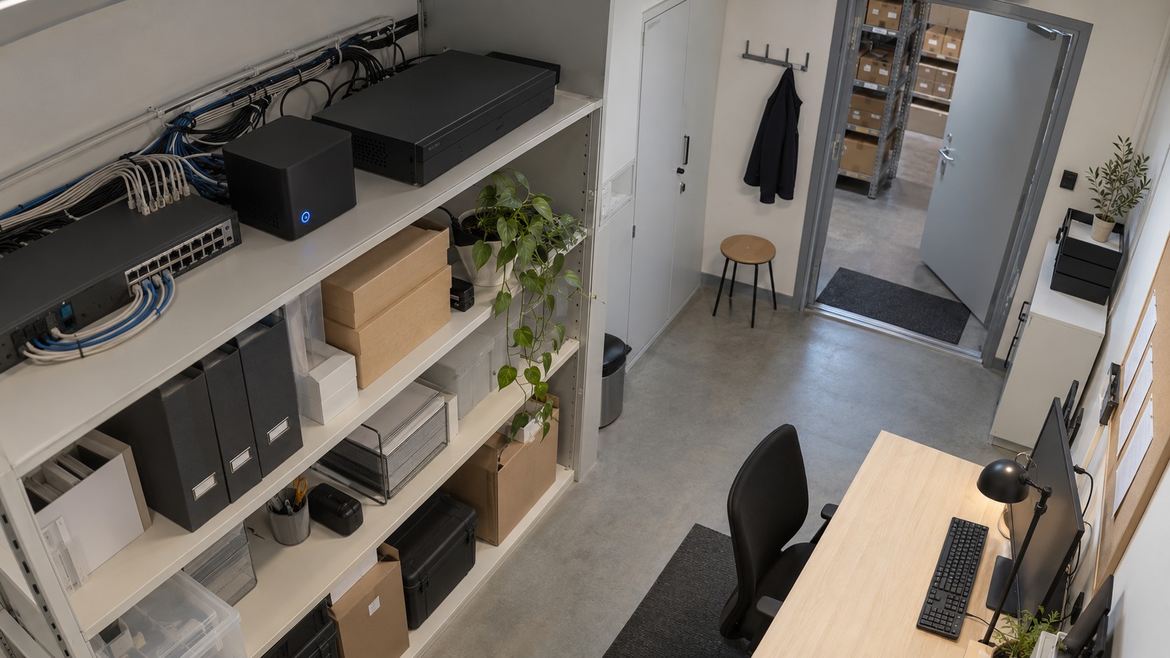 Boksen står på en hylde i butikkens baglokale ved siden af den eksisterende optager og netværksswitch.