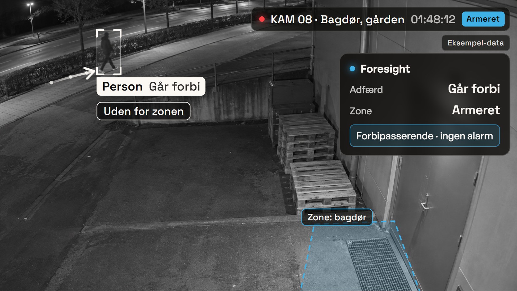 Natkamera ved bagdøren: en person går forbi på fortovet uden for zonen. Forbipasserende, ingen alarm.