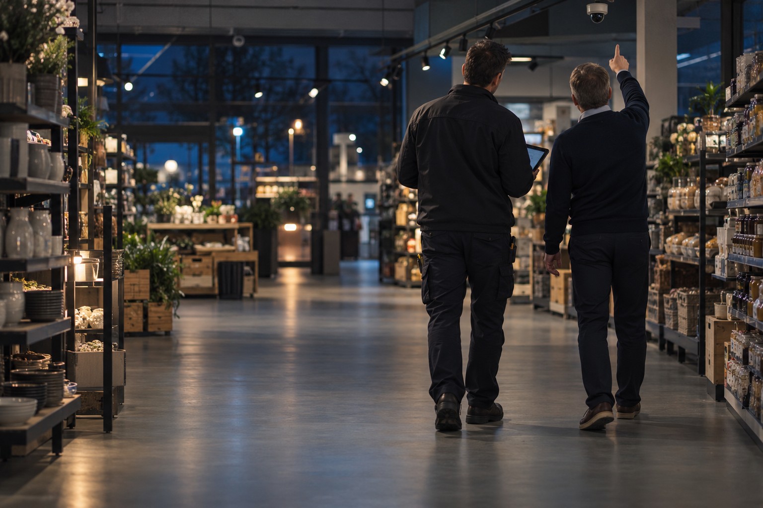 En tekniker og en butikschef går gulvet igennem og kigger på kameraerne i loftet