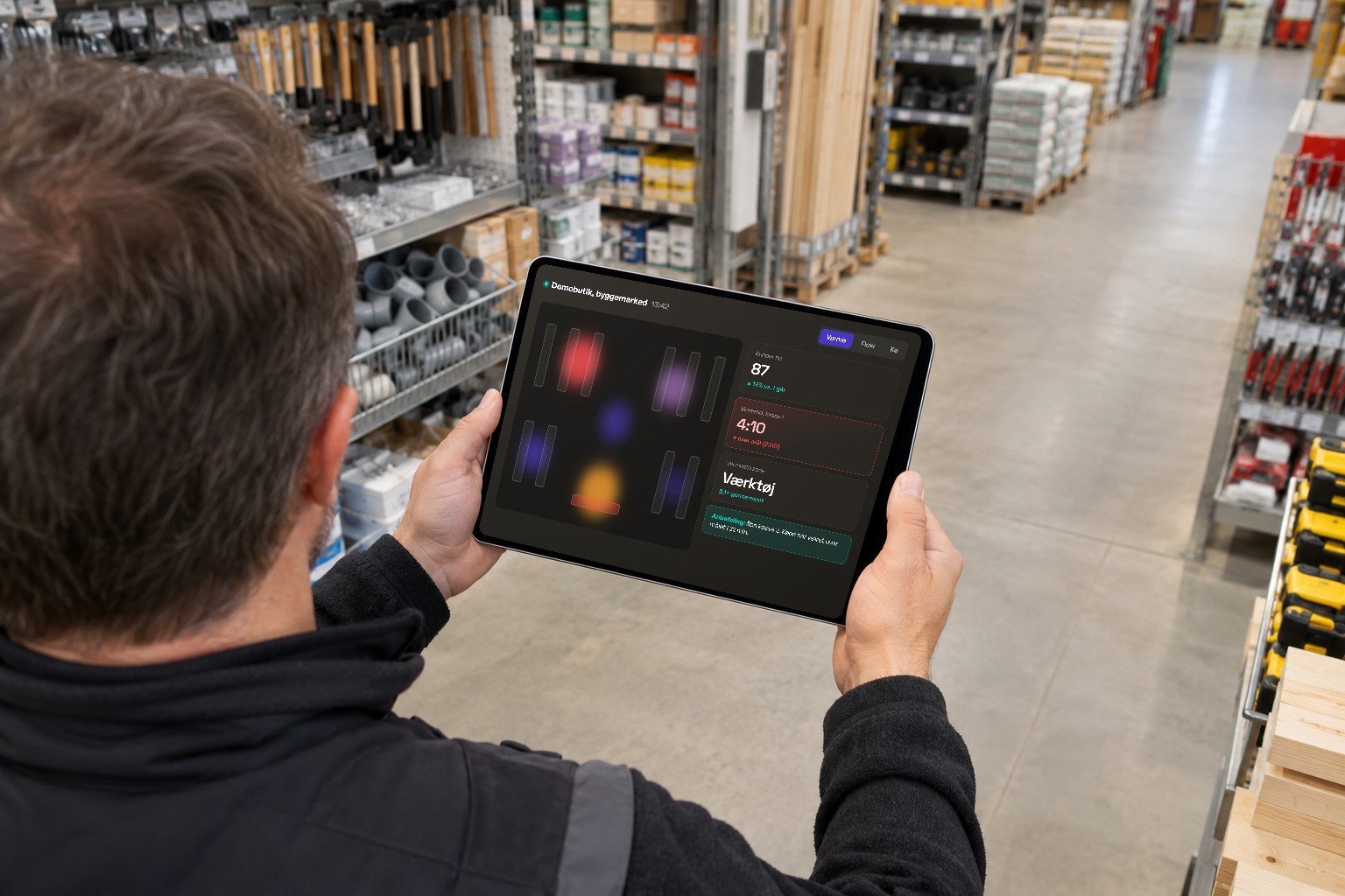 Butikschef i et byggemarked med en tablet, der viser Revue-dashboardet med kø, varmezoner og en anbefaling om at åbne kasse 2.